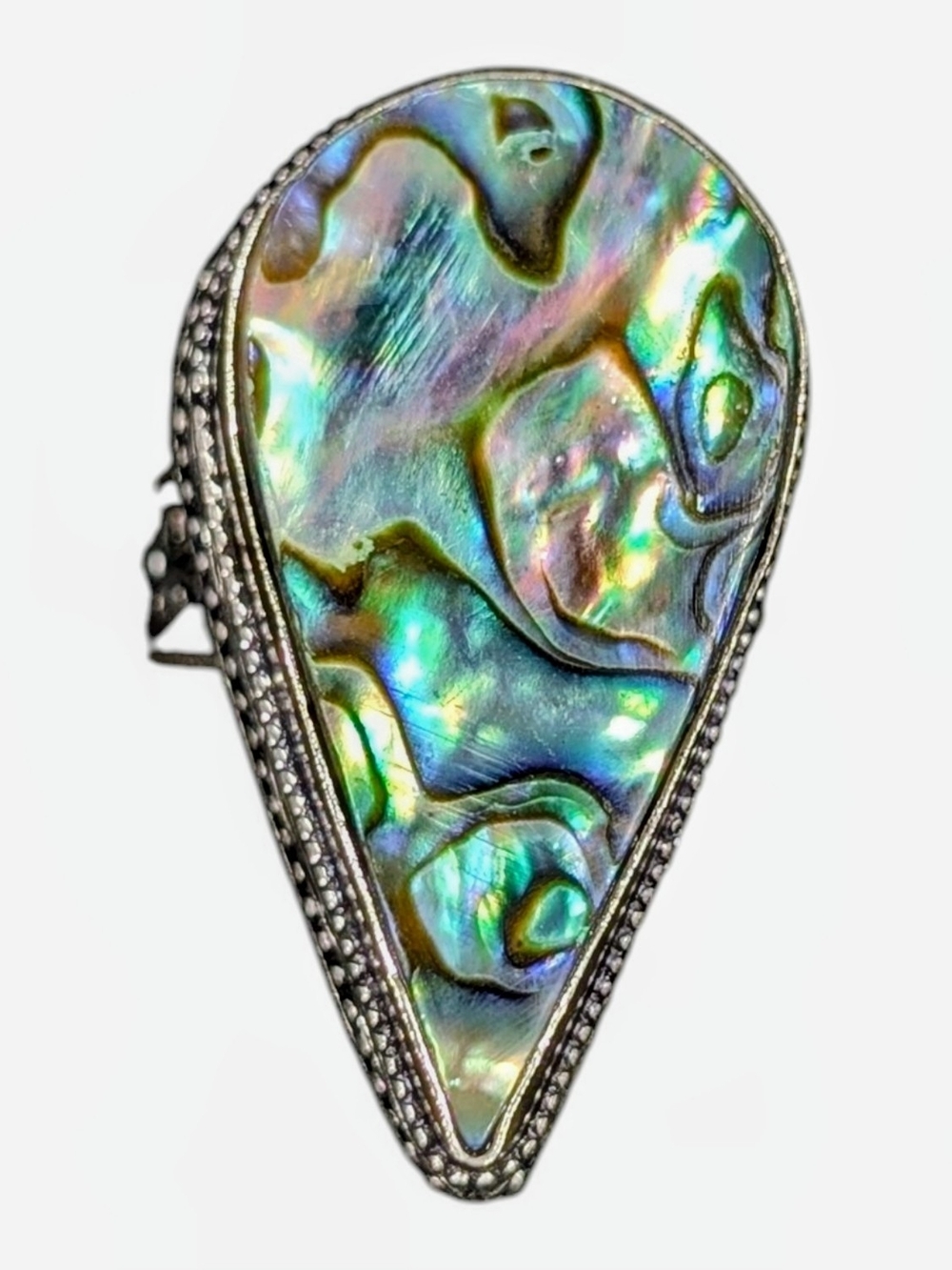 Abalone Shell Teardrop Statement Ring - Iridescent Green & Blue Size 9